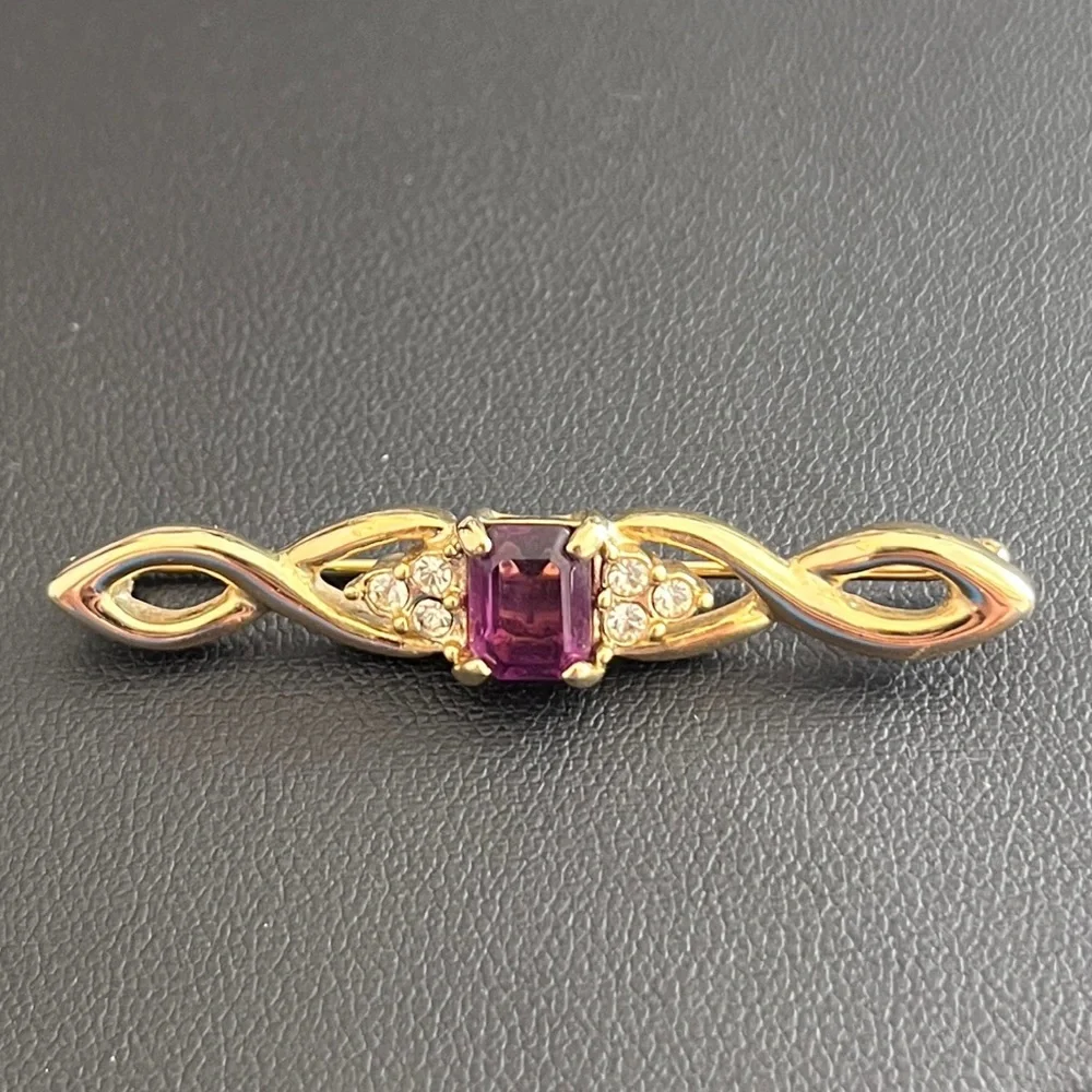 Vintage Goldtone Infinity Purple and White Crystal Pin Brooch